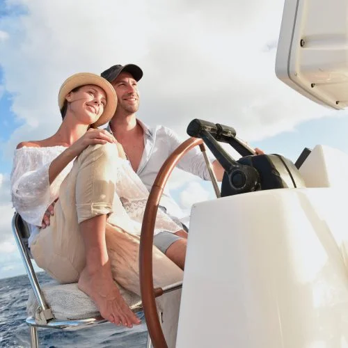 Brittany happy couple sailing yacht charter