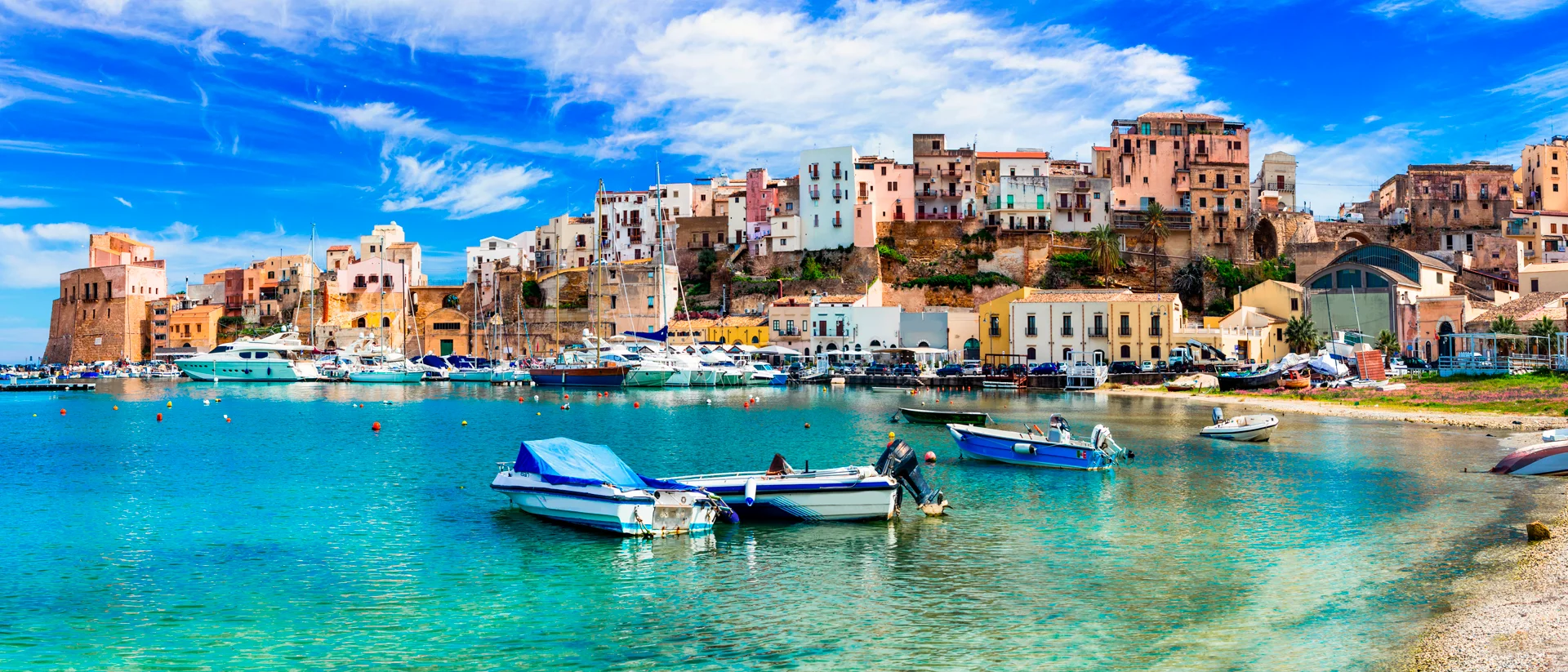 Sicily crystal water port colorful old town houses landscape