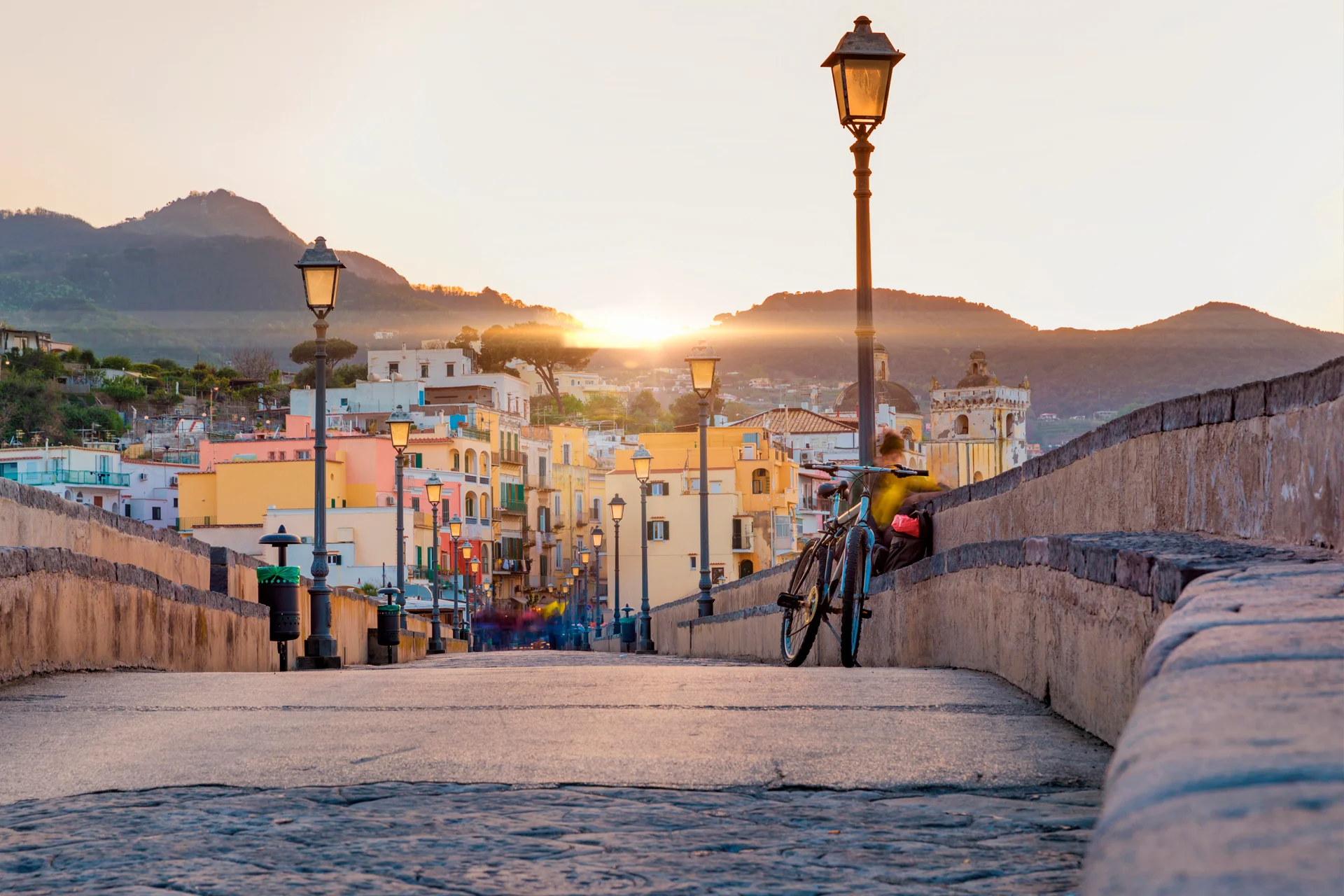 Naples town bridge sunset landscape