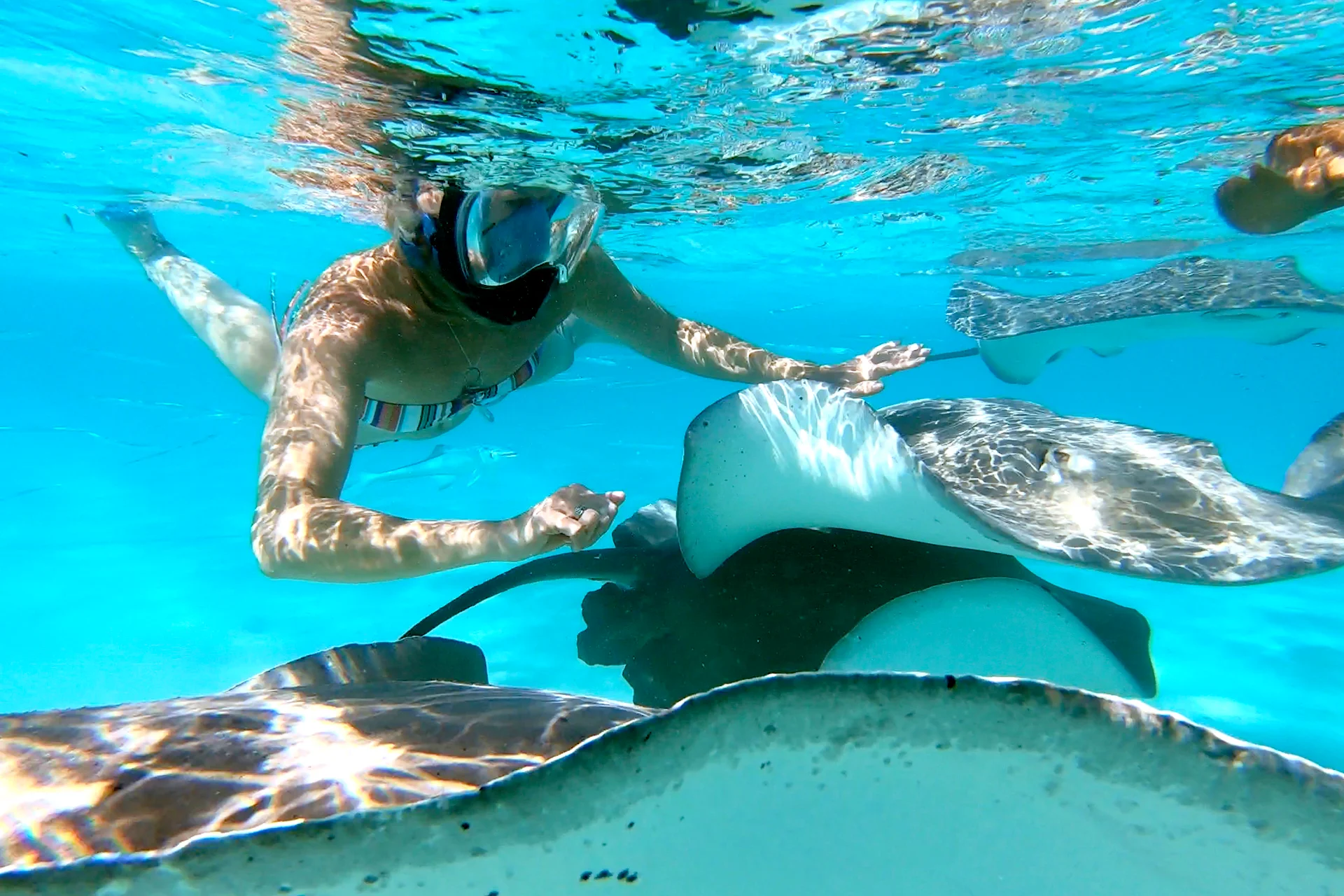 Pacific man duiken snorkelen in kristalhelder water