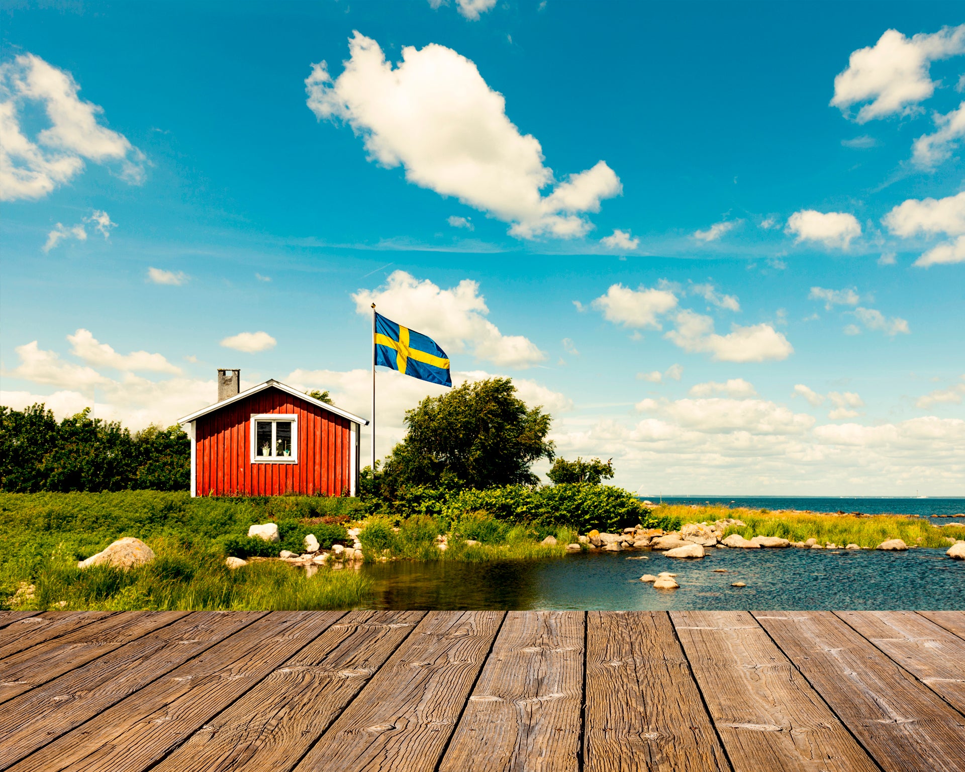 Sweden flag red cabin natural landscape