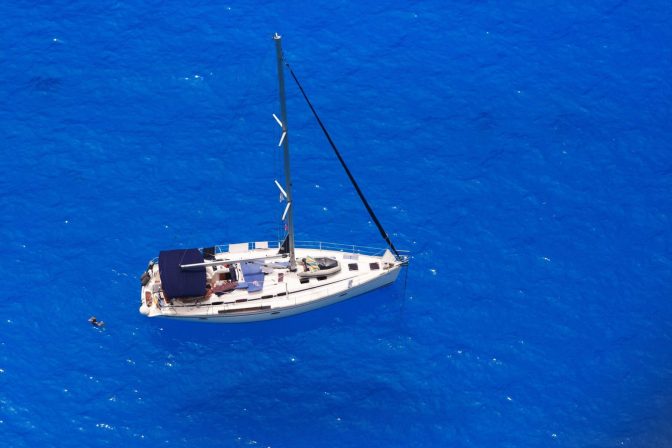 aerial of boat with person swimming behind