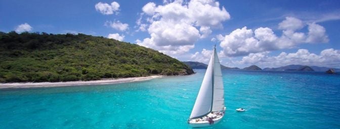 aerial of sailboat under full sail in Caribbean Sea BVI