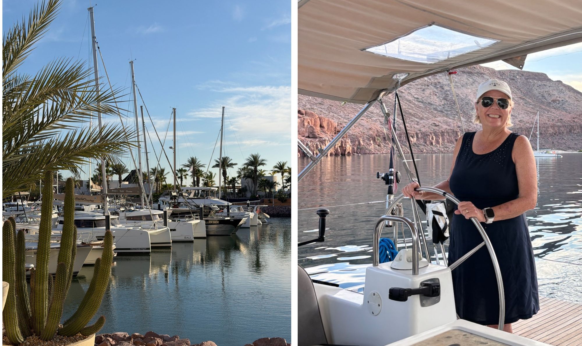 A woman at the helm in the Balearics. Marina in the Balearics.