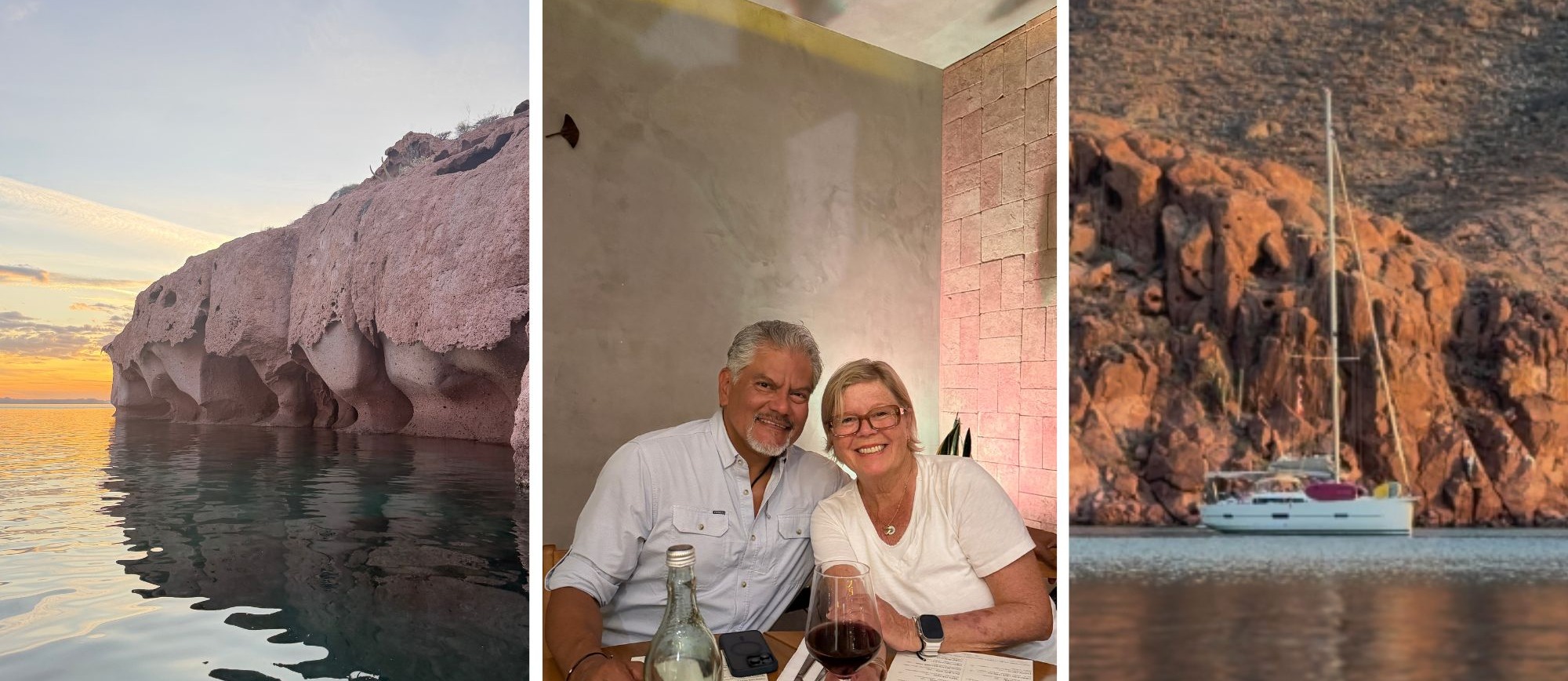 Three pictures side by side. Two pictures of Dramatic coastlines in the Balearics and an older couple at a restaurant.